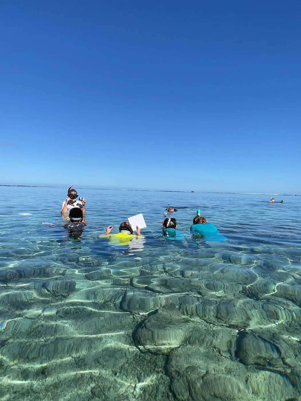 Petit groupe équipé de masques et tubas participant à une activité de dessin en mer dans le lagon