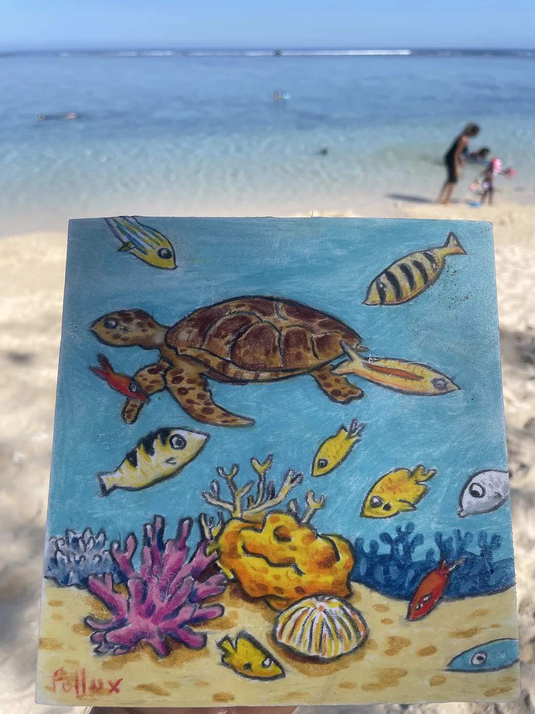 Dessin marin représentant une tortue et des poissons, réalisé lors d’un atelier Dessin la Mer